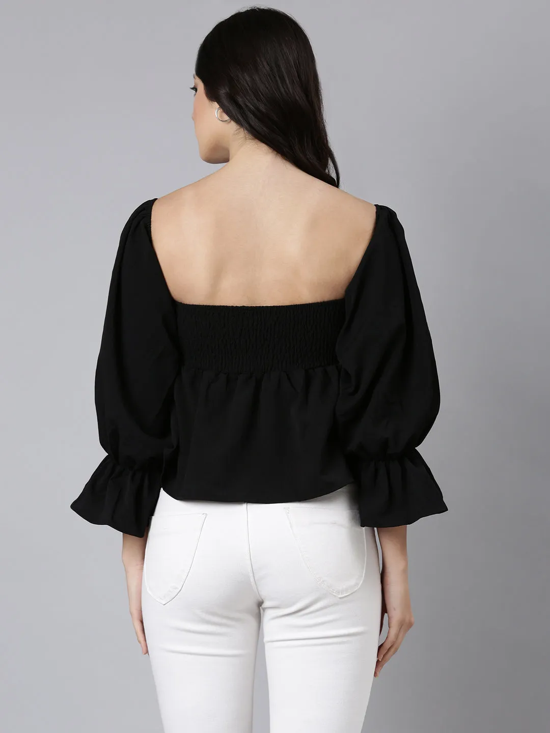 Women Black Square Neck Bell Sleeves Gathered Detailed Peplum Top