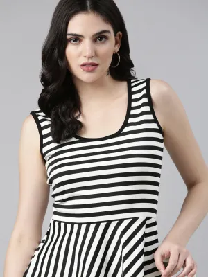 Women Black Striped Sleeveless Peplum Top