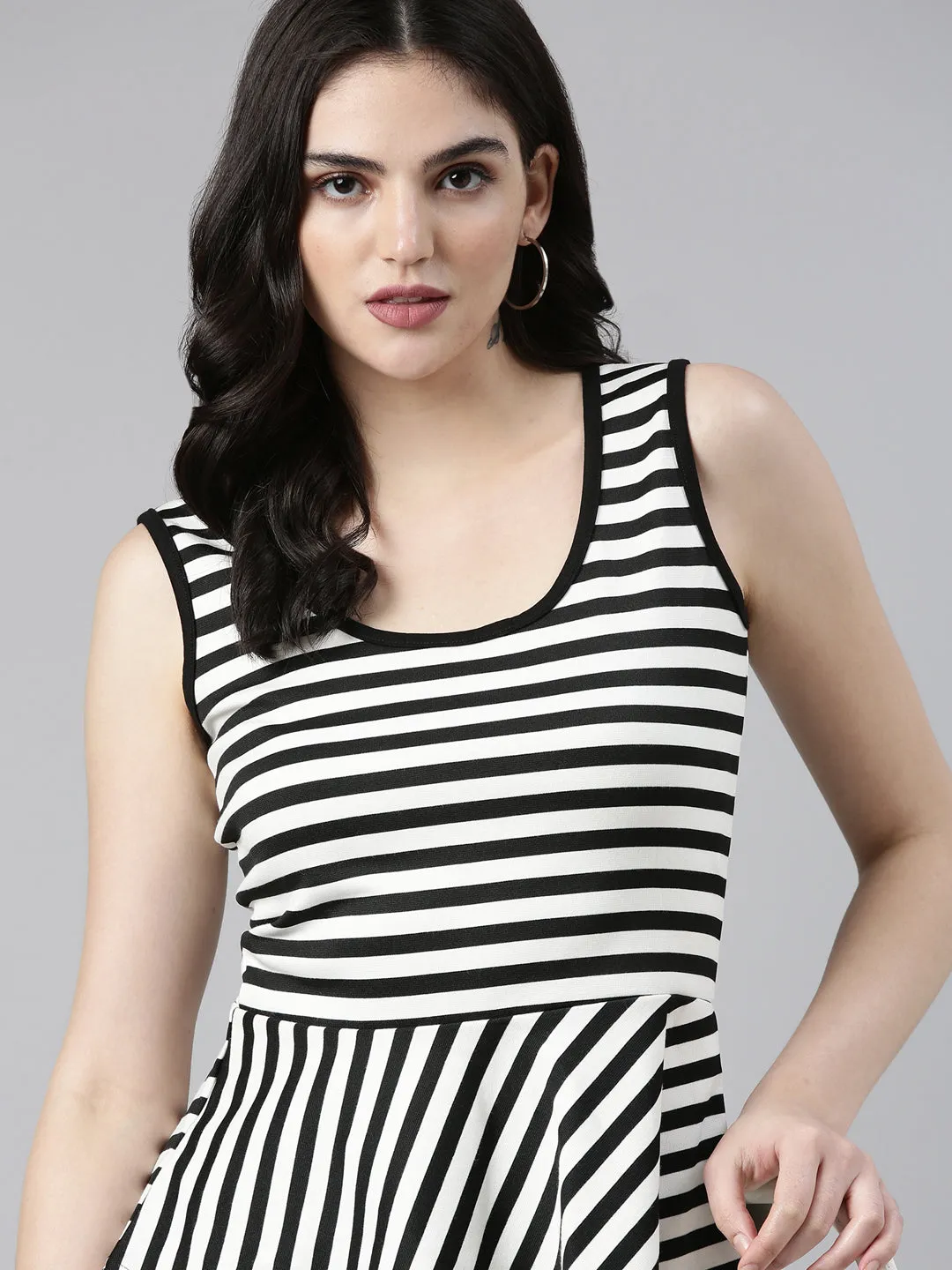 Women Black Striped Sleeveless Peplum Top