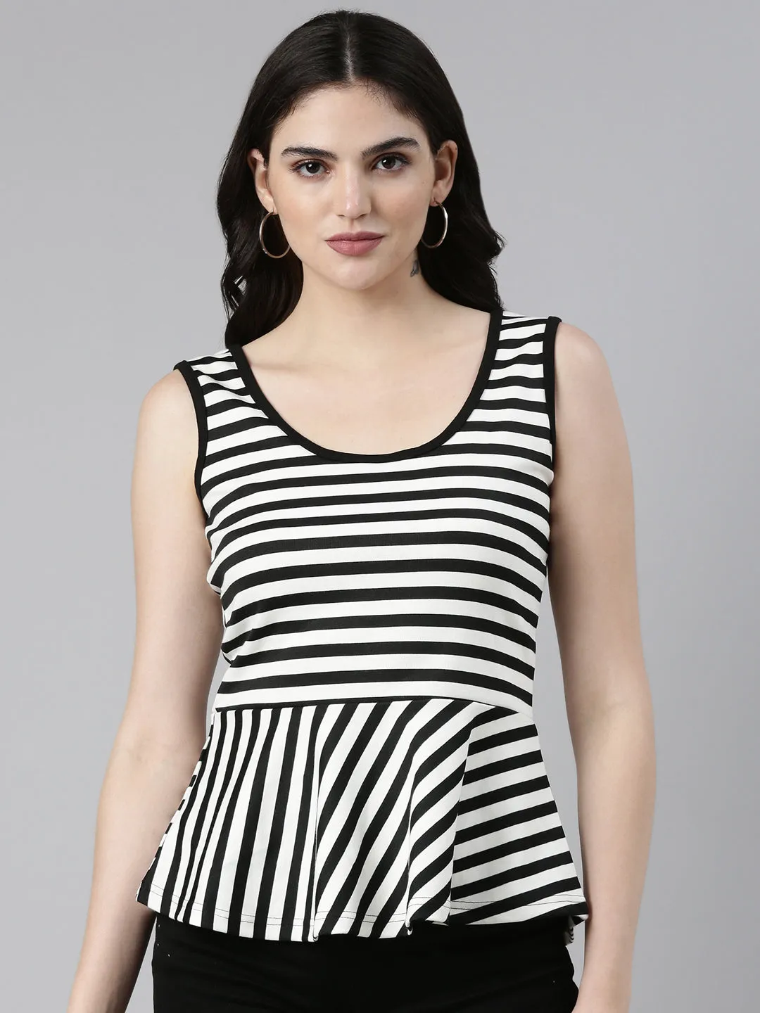 Women Black Striped Sleeveless Peplum Top