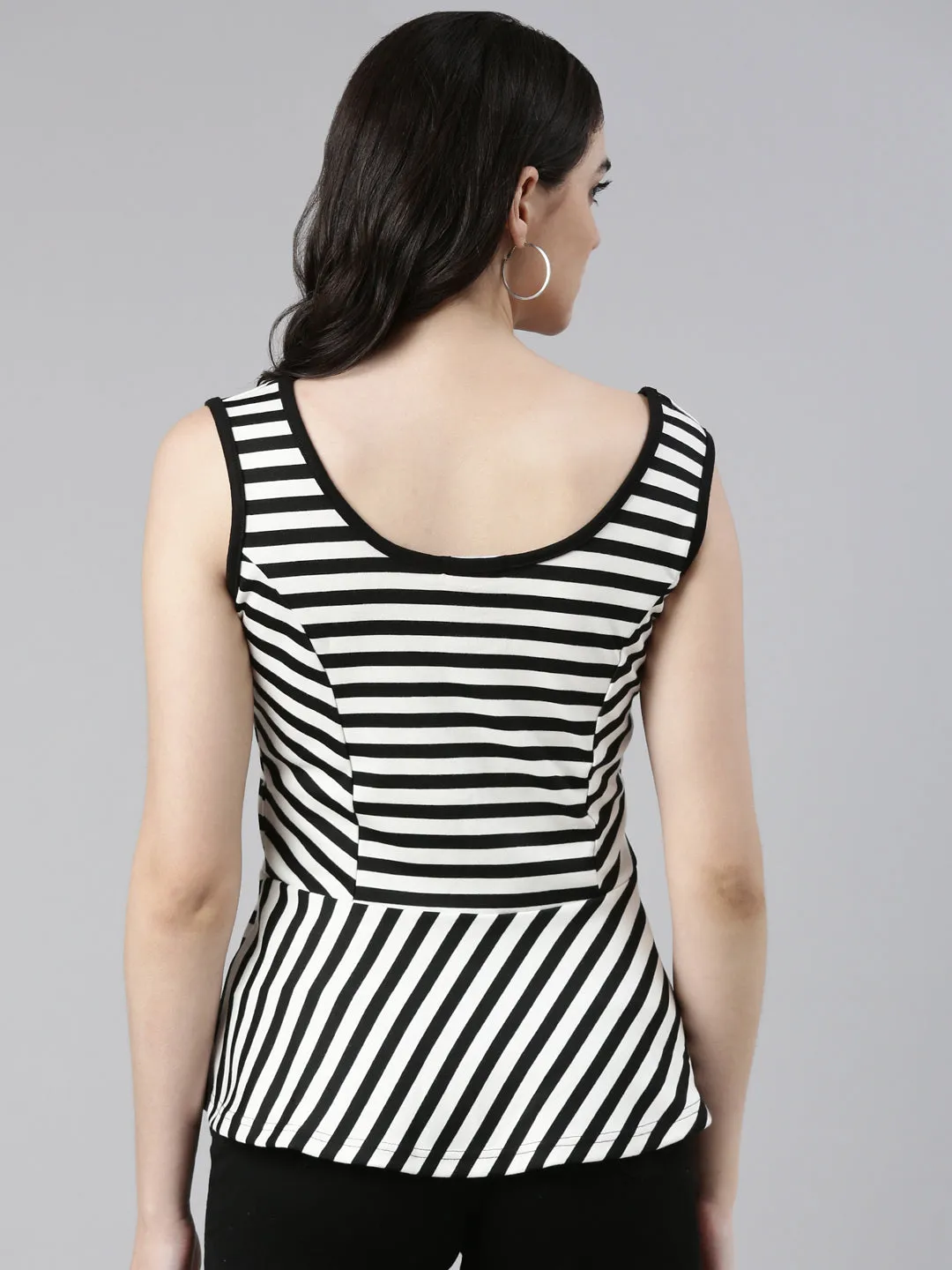 Women Black Striped Sleeveless Peplum Top