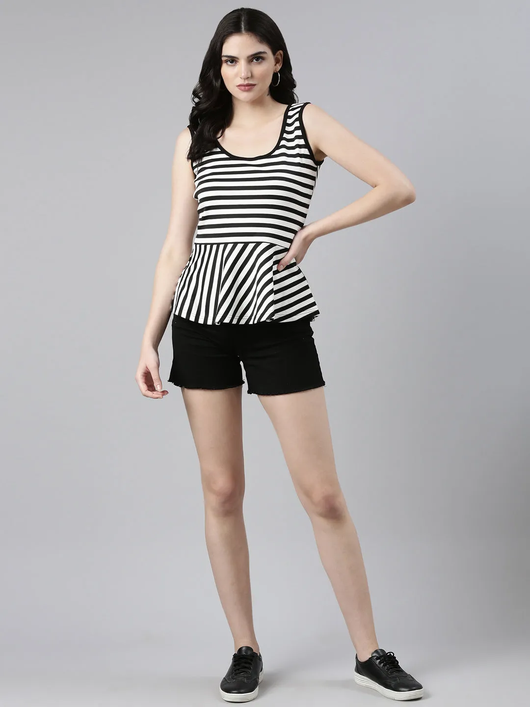 Women Black Striped Sleeveless Peplum Top