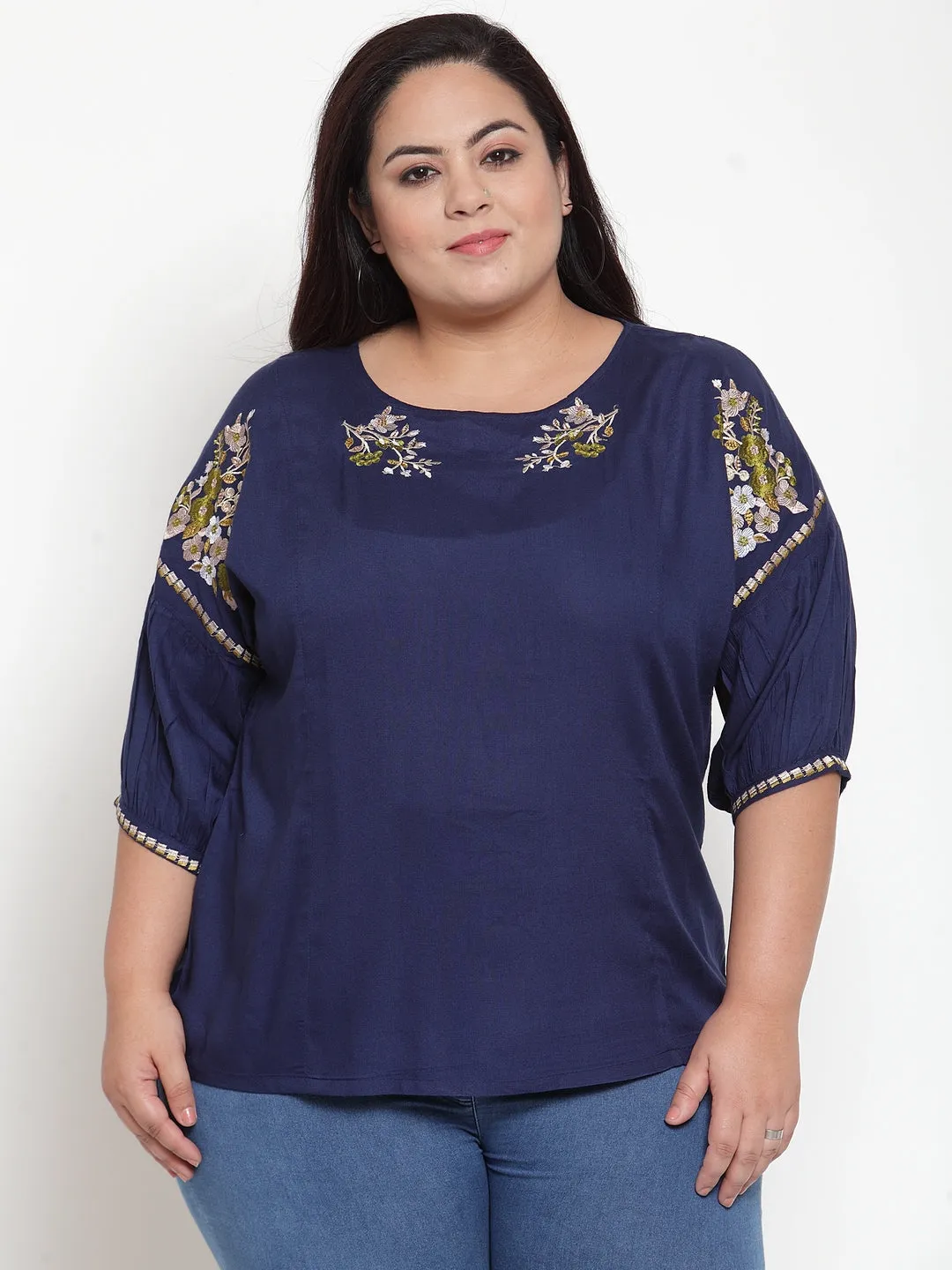 Women Blue Embroidered Top