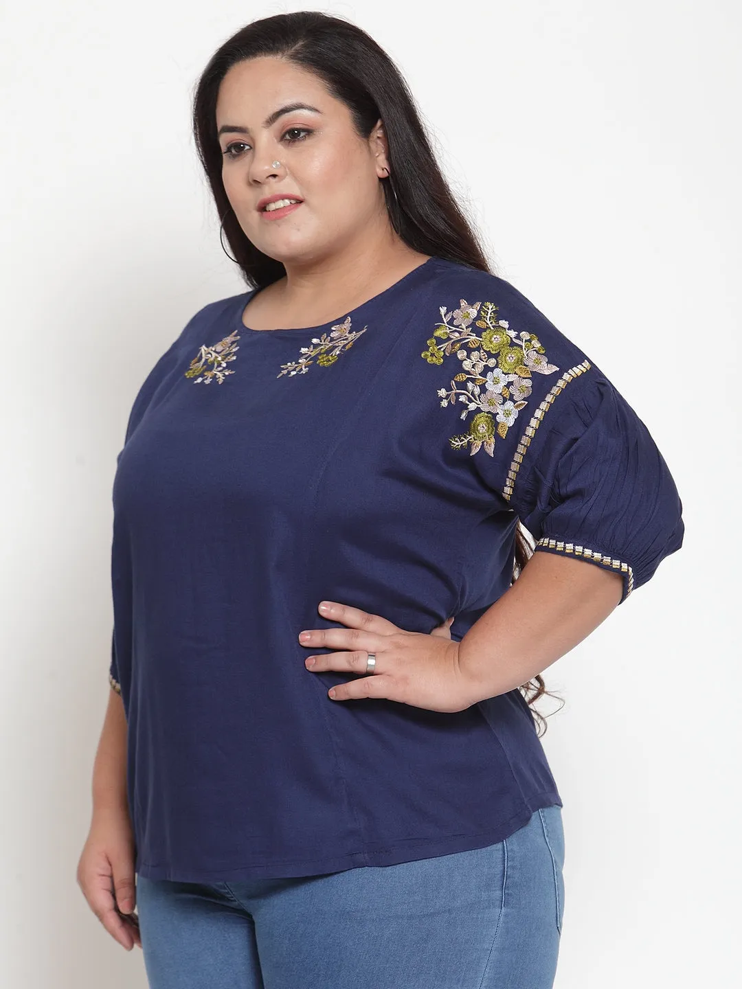 Women Blue Embroidered Top