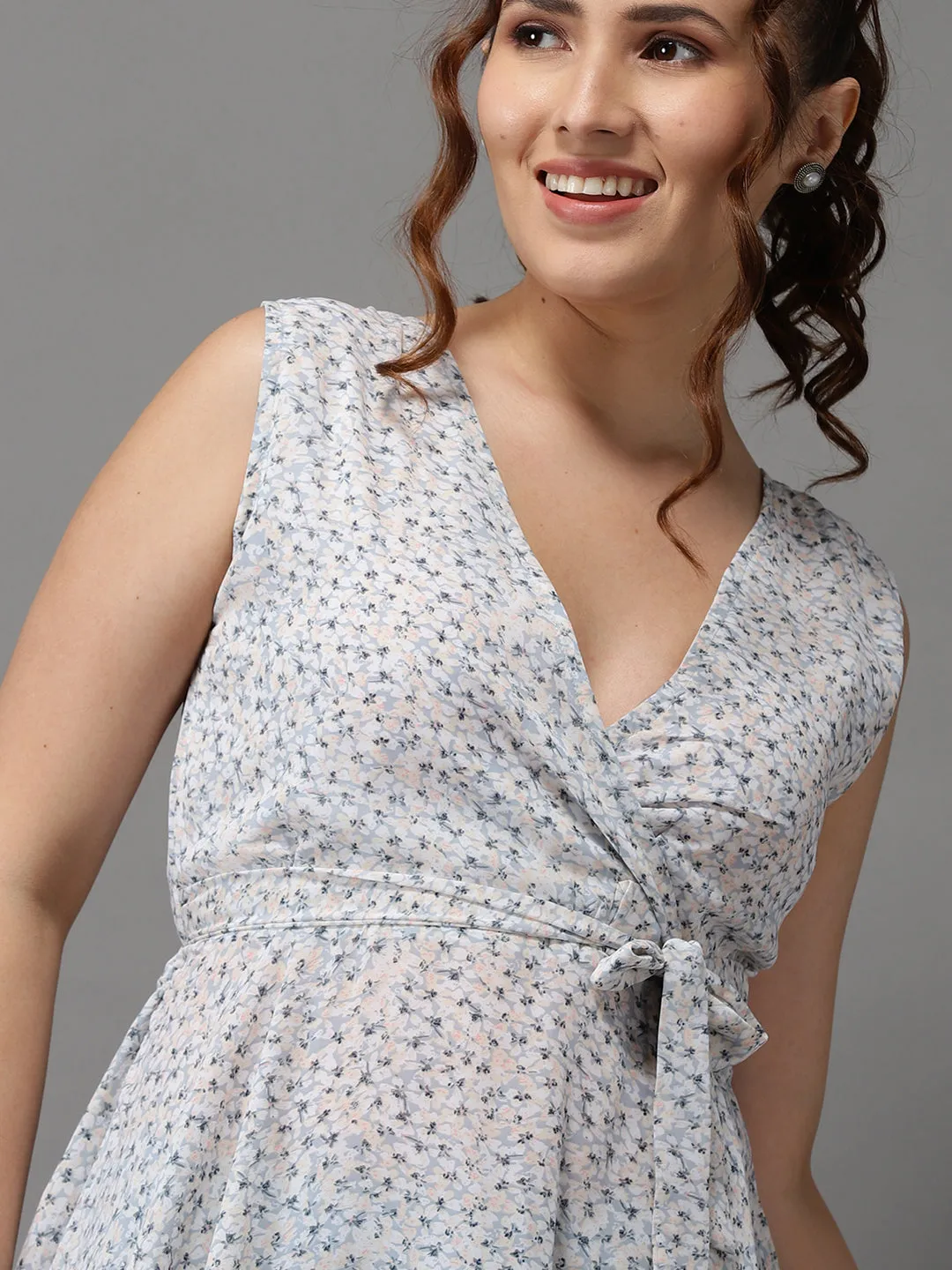 Women Blue Floral Print Georgette Wrap Top
