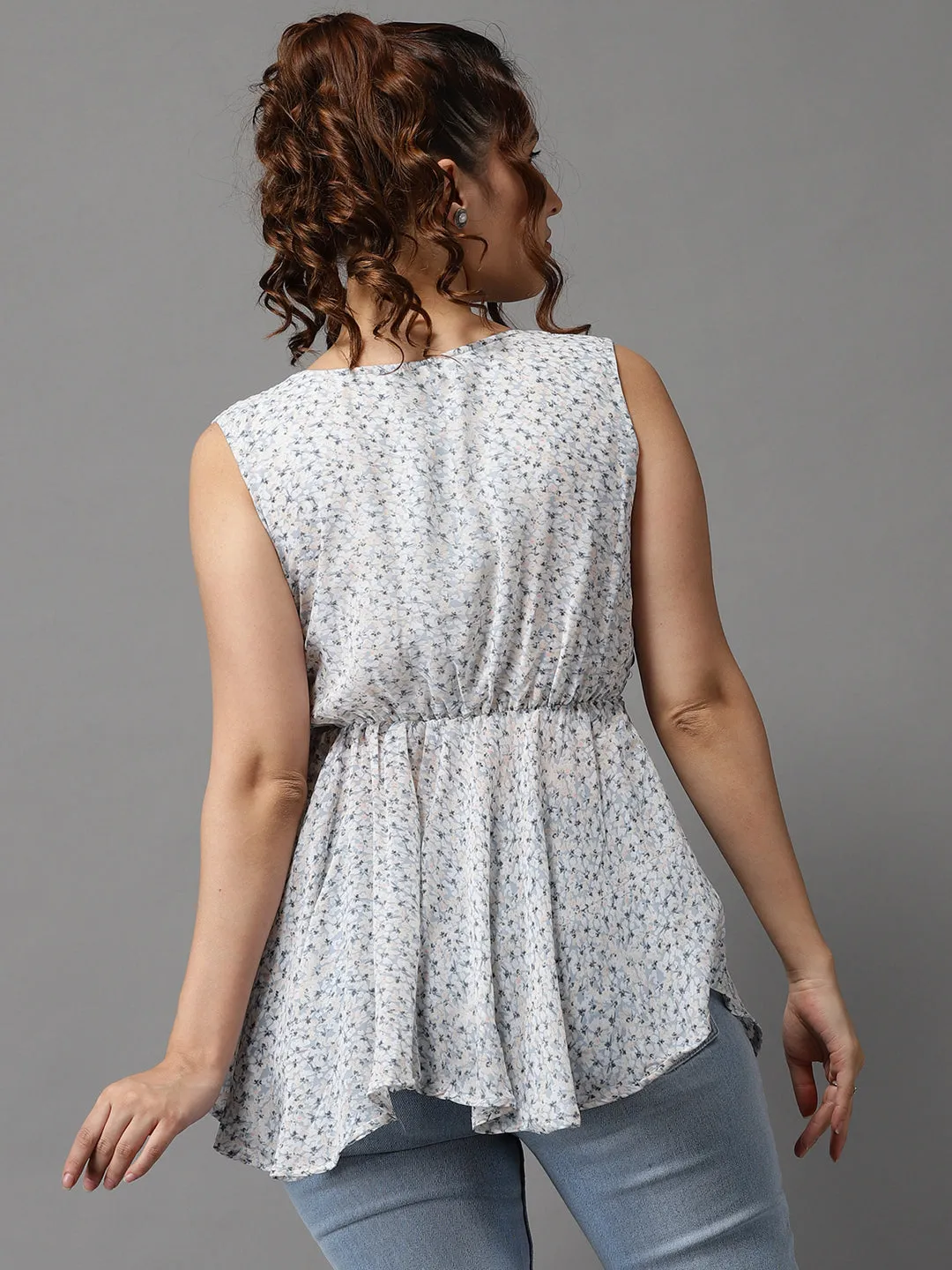 Women Blue Floral Print Georgette Wrap Top