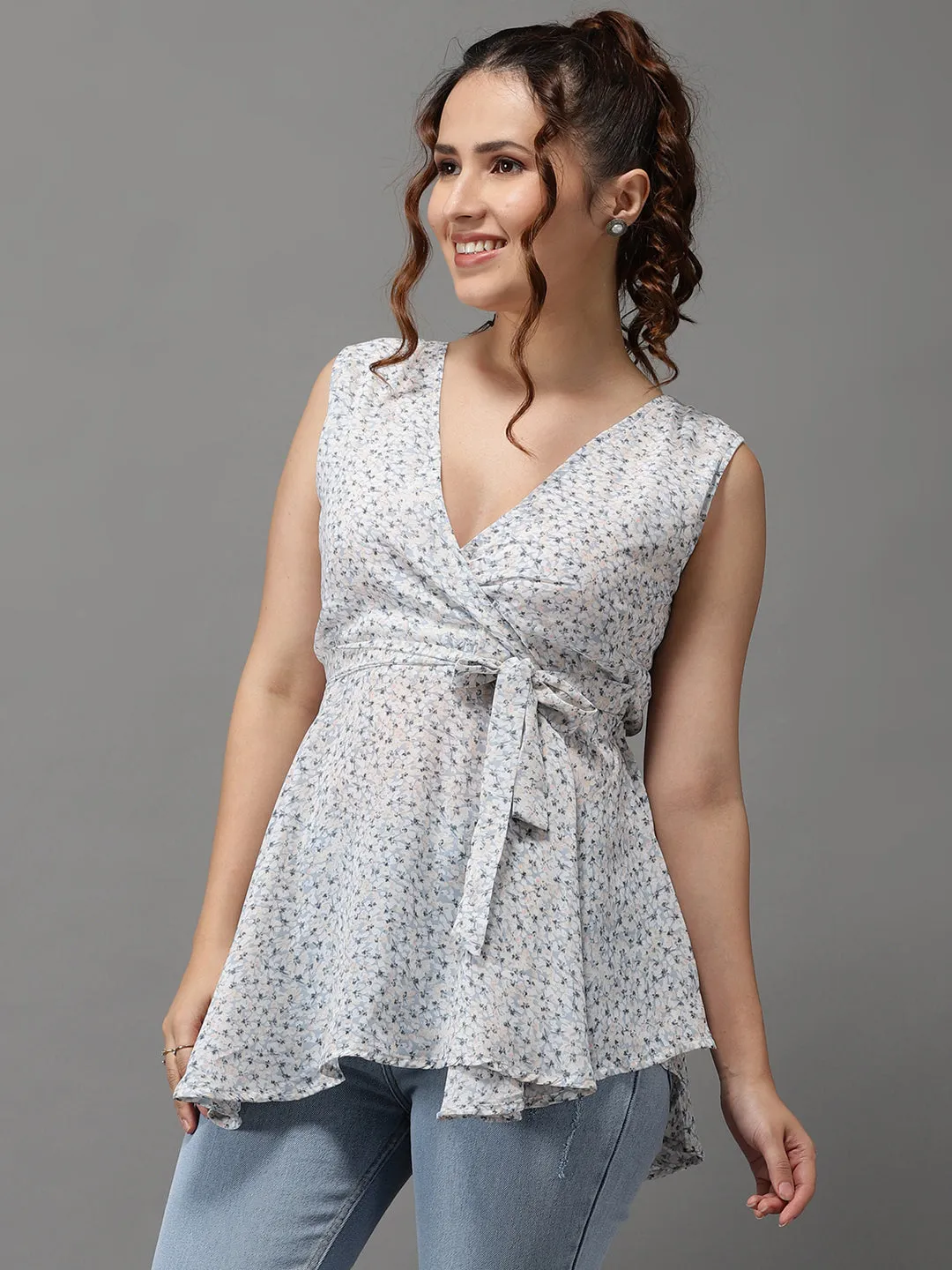 Women Blue Floral Print Georgette Wrap Top