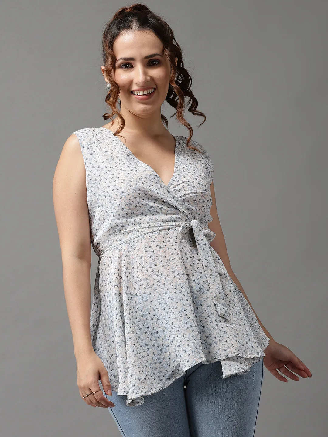 Women Blue Floral Print Georgette Wrap Top