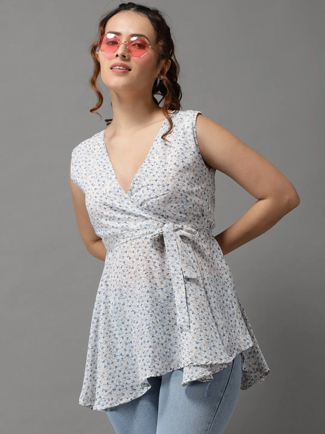 Women Blue Floral Print Georgette Wrap Top