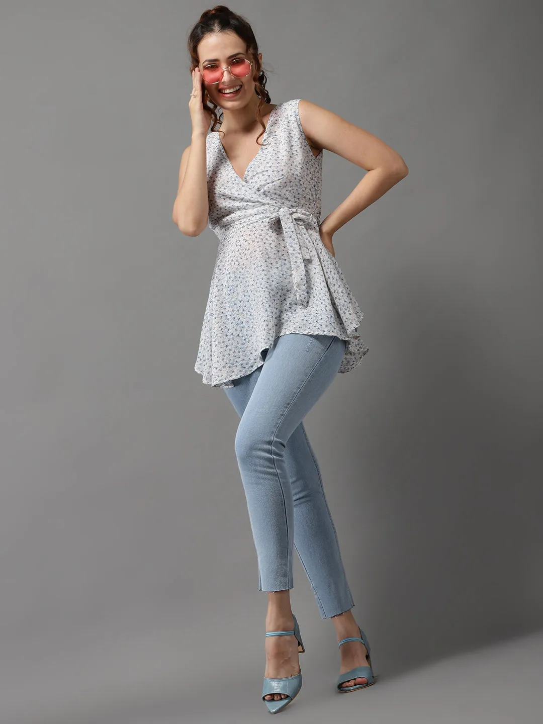 Women Blue Floral Print Georgette Wrap Top