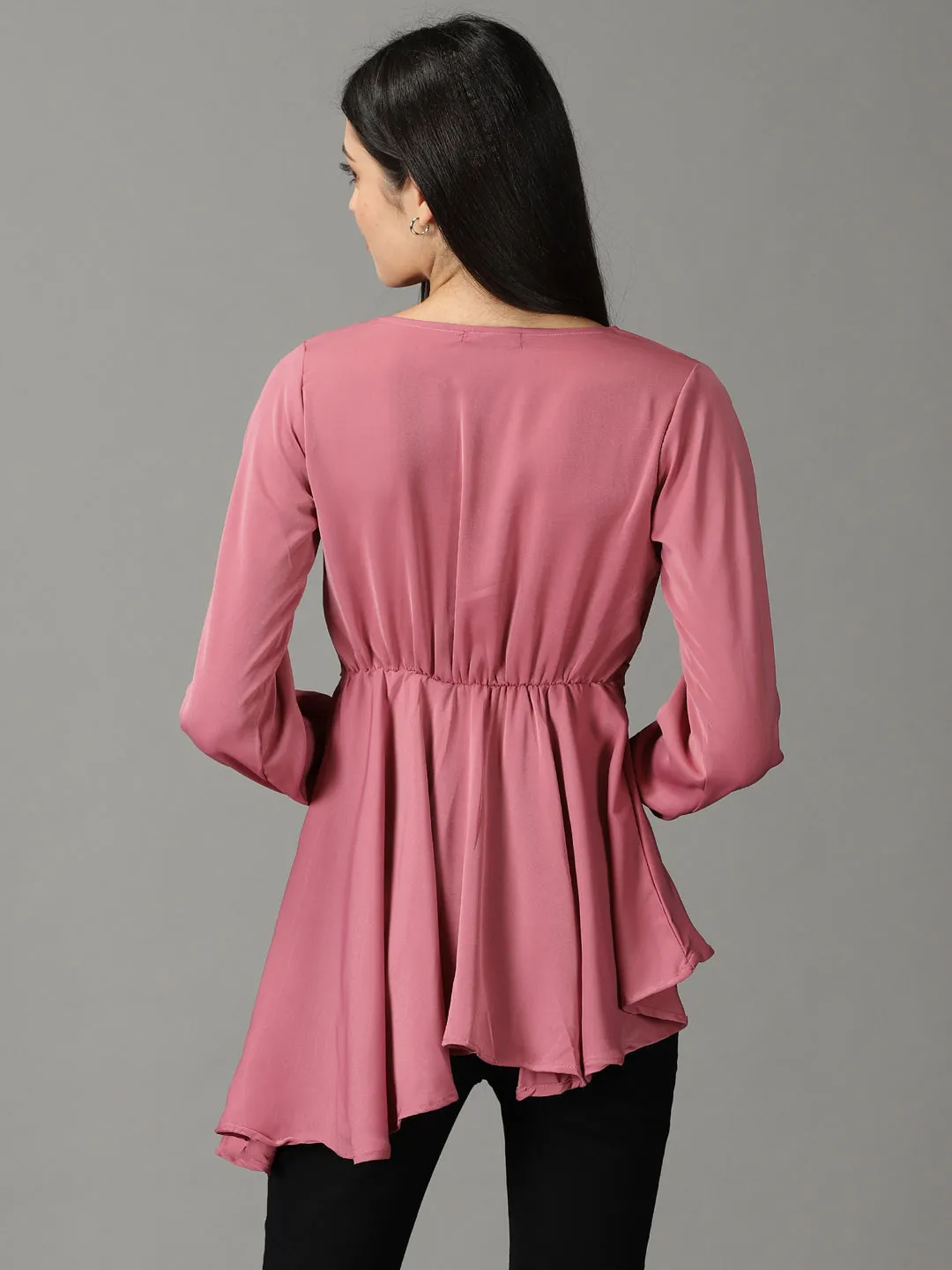 Women Mauve V-Neck Cuffed Sleeves High-low Top