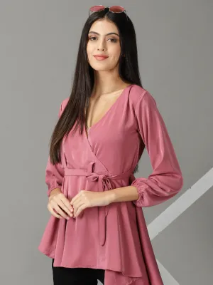 Women Mauve V-Neck Cuffed Sleeves High-low Top