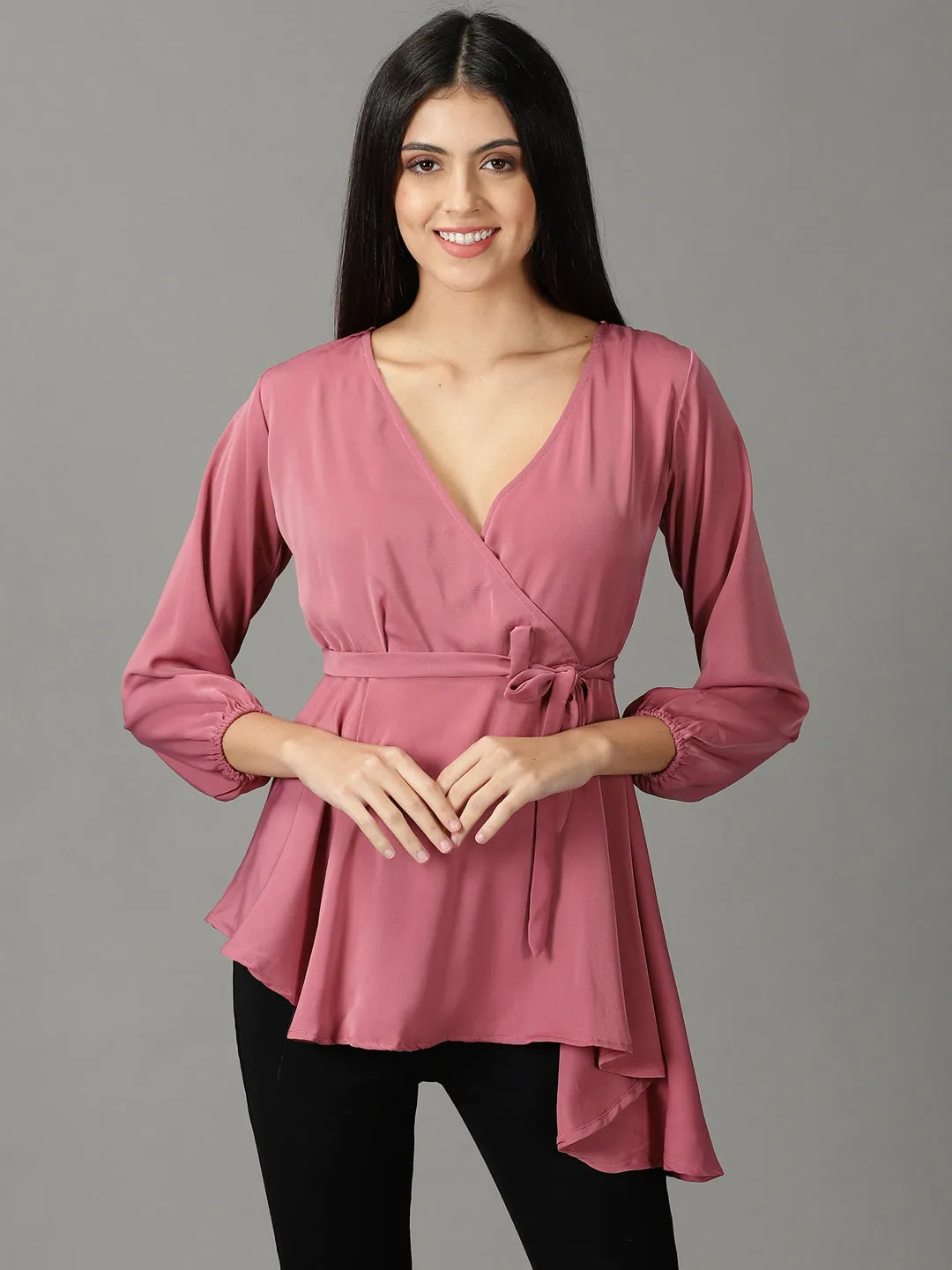 Women Mauve V-Neck Cuffed Sleeves High-low Top