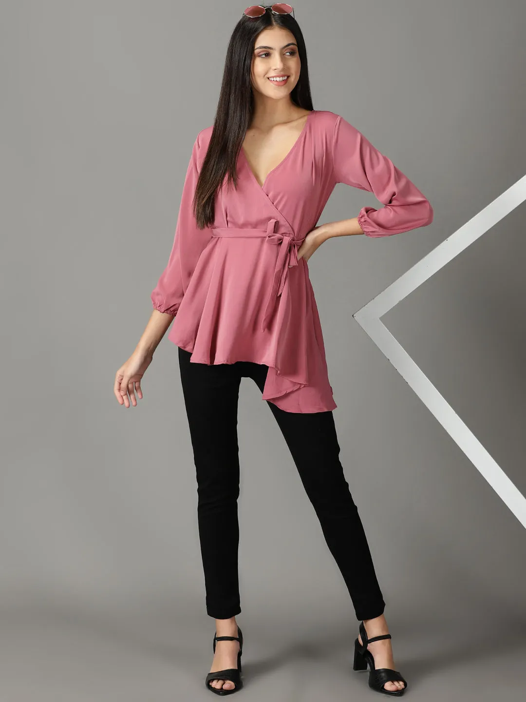 Women Mauve V-Neck Cuffed Sleeves High-low Top