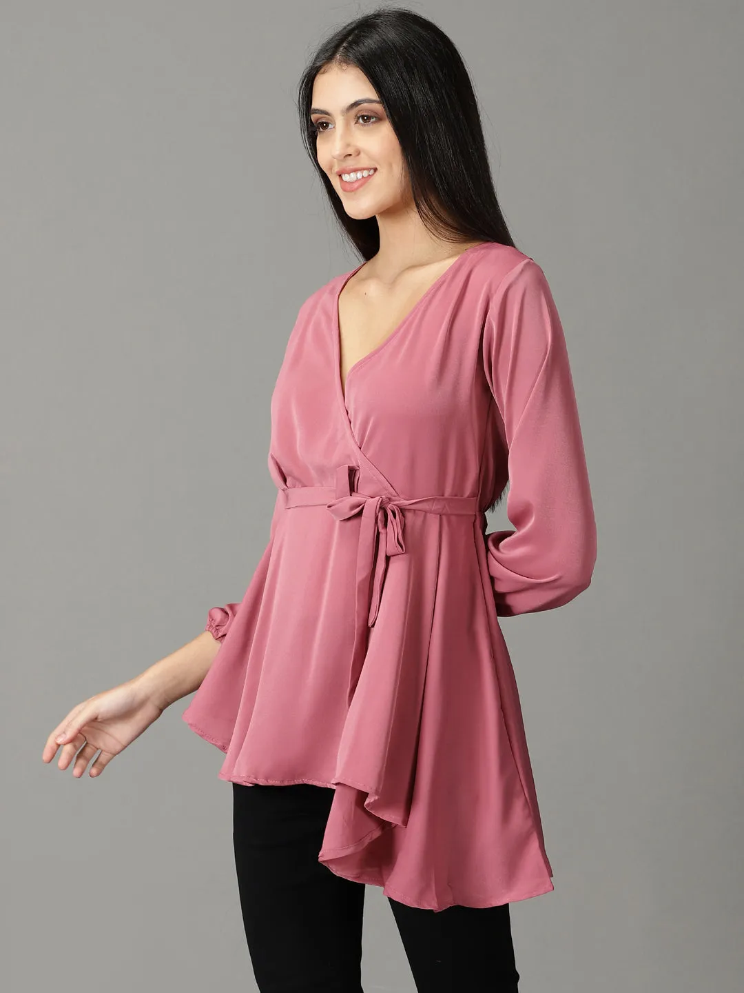 Women Mauve V-Neck Cuffed Sleeves High-low Top