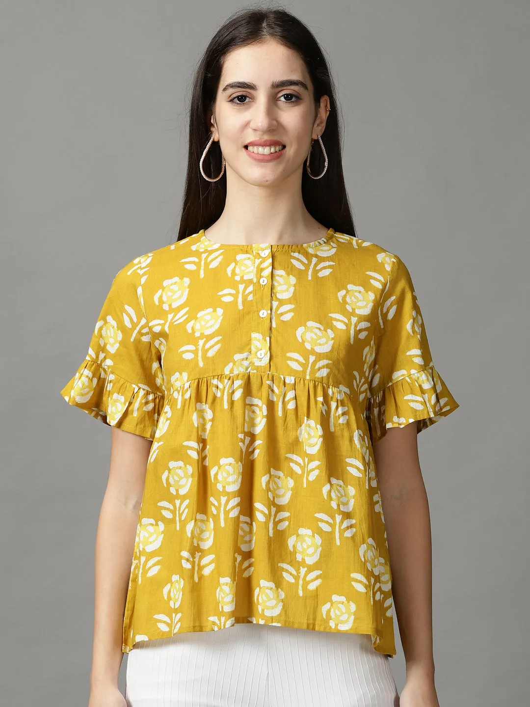 Women Mustard Floral Printed Empire Top