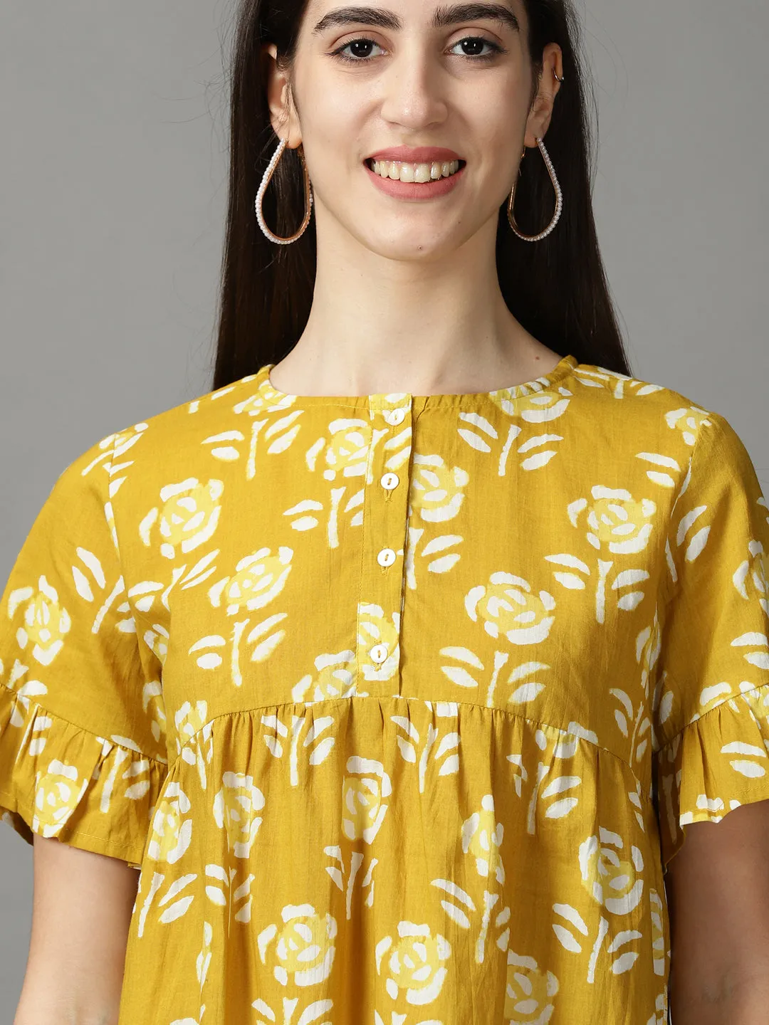 Women Mustard Floral Printed Empire Top