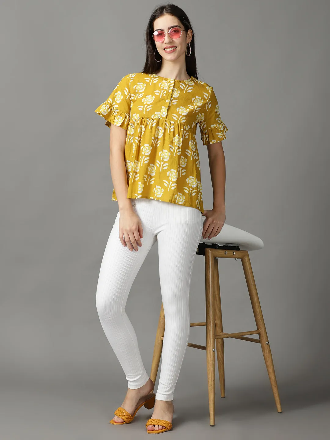 Women Mustard Floral Printed Empire Top