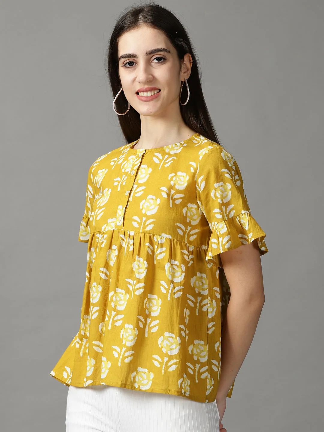 Women Mustard Floral Printed Empire Top