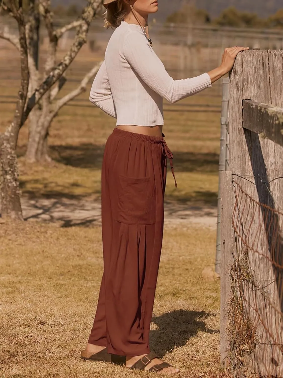 Womens Casual Harem Pants Summer Elastic Waist Wide Leg Trousers Baggy Pockets Crop Leggings
