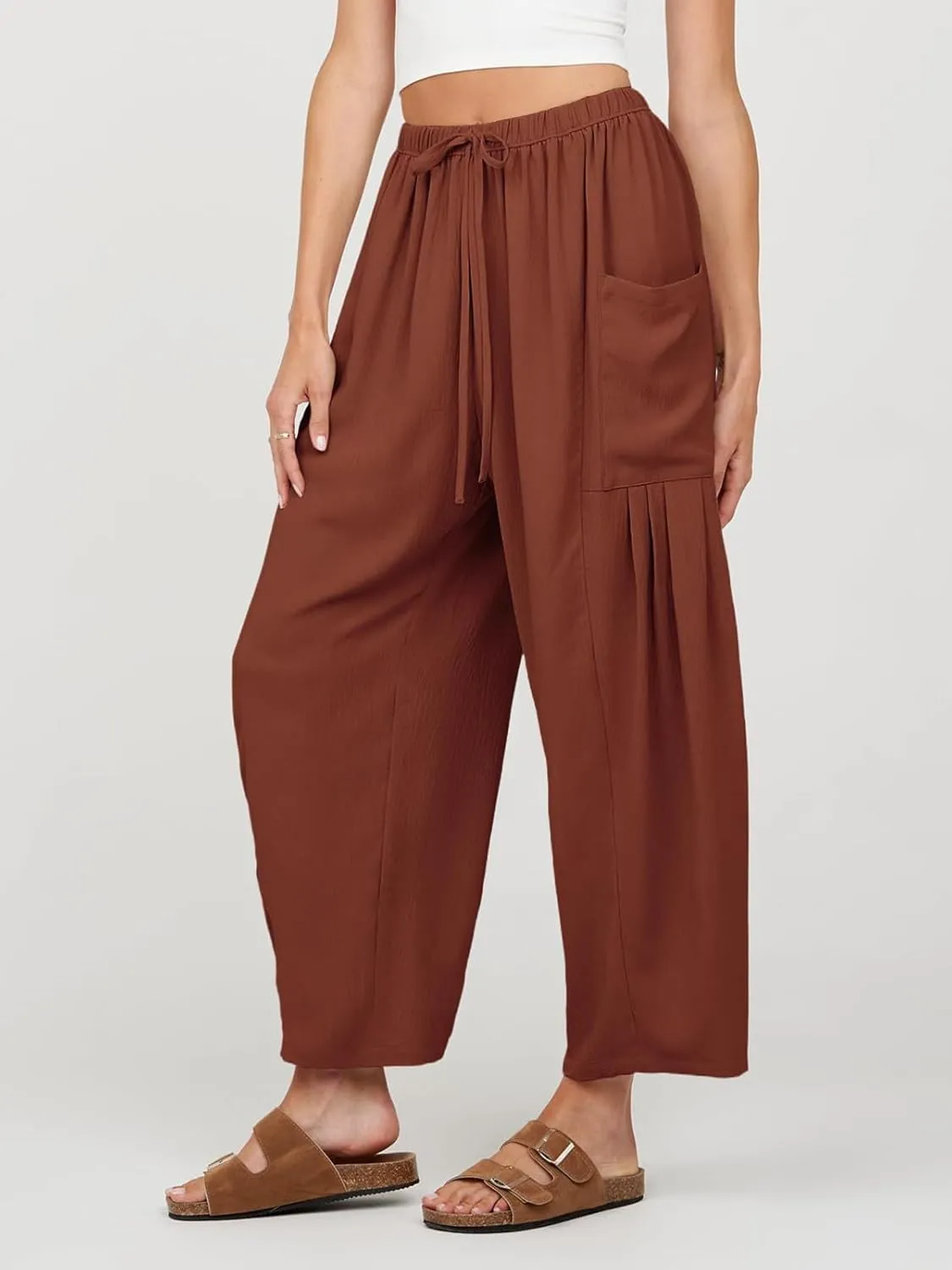 Womens Casual Harem Pants Summer Elastic Waist Wide Leg Trousers Baggy Pockets Crop Leggings