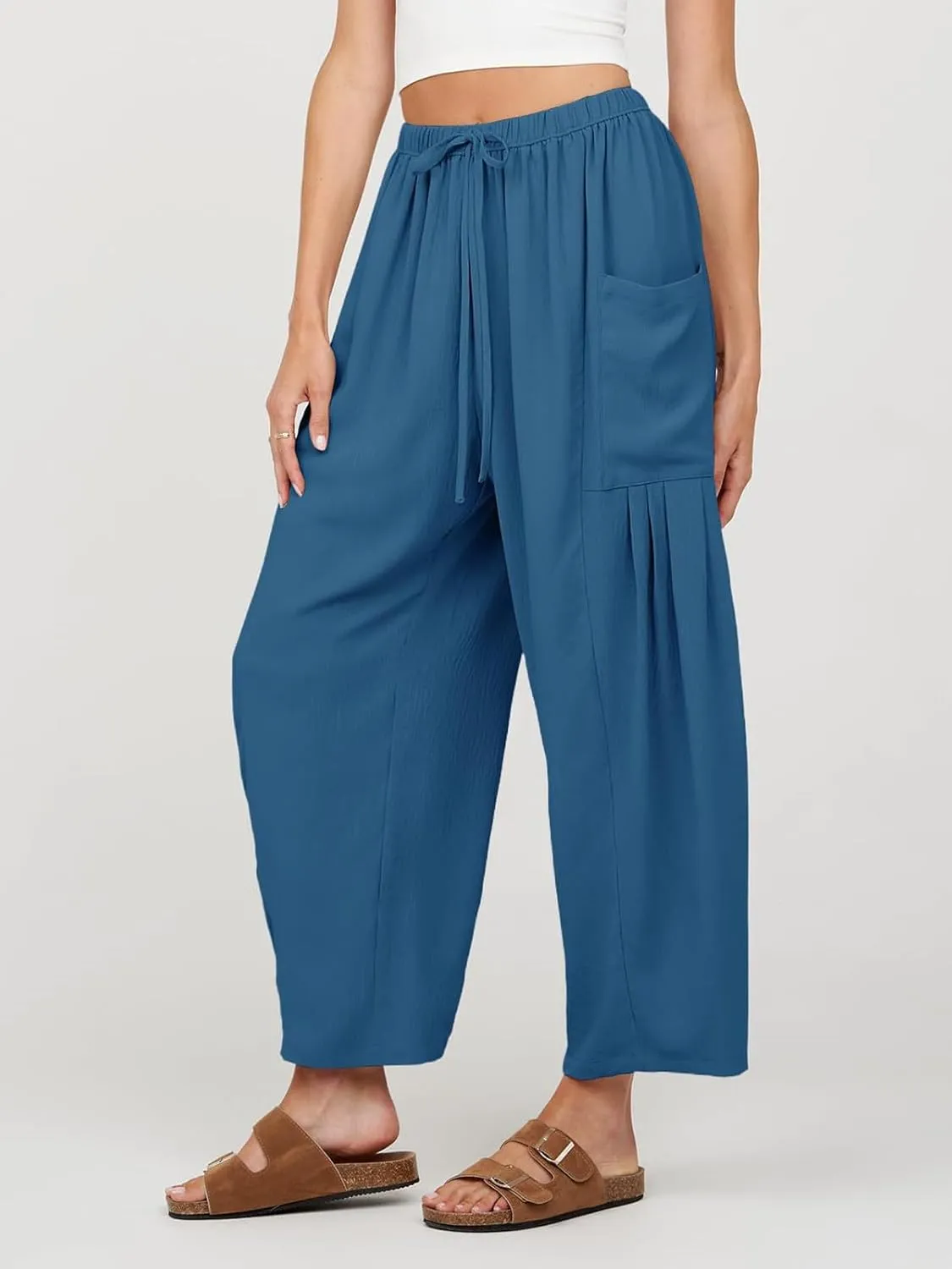 Womens Casual Harem Pants Summer Elastic Waist Wide Leg Trousers Baggy Pockets Crop Leggings