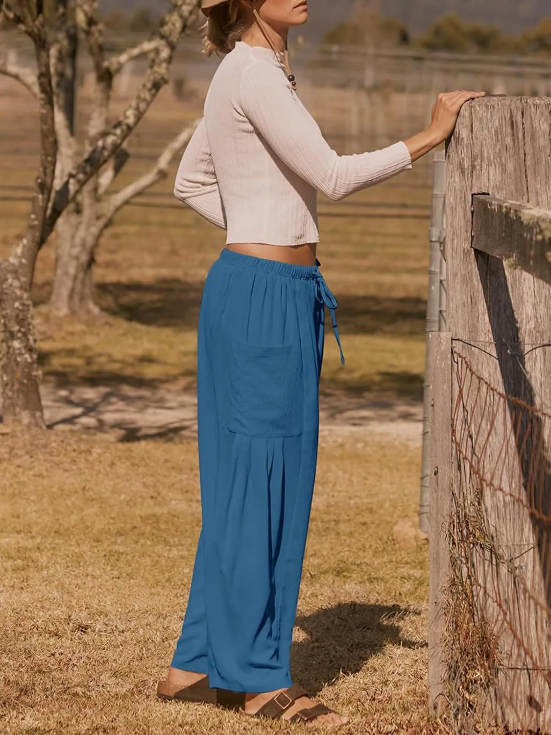 Womens Casual Harem Pants Summer Elastic Waist Wide Leg Trousers Baggy Pockets Crop Leggings