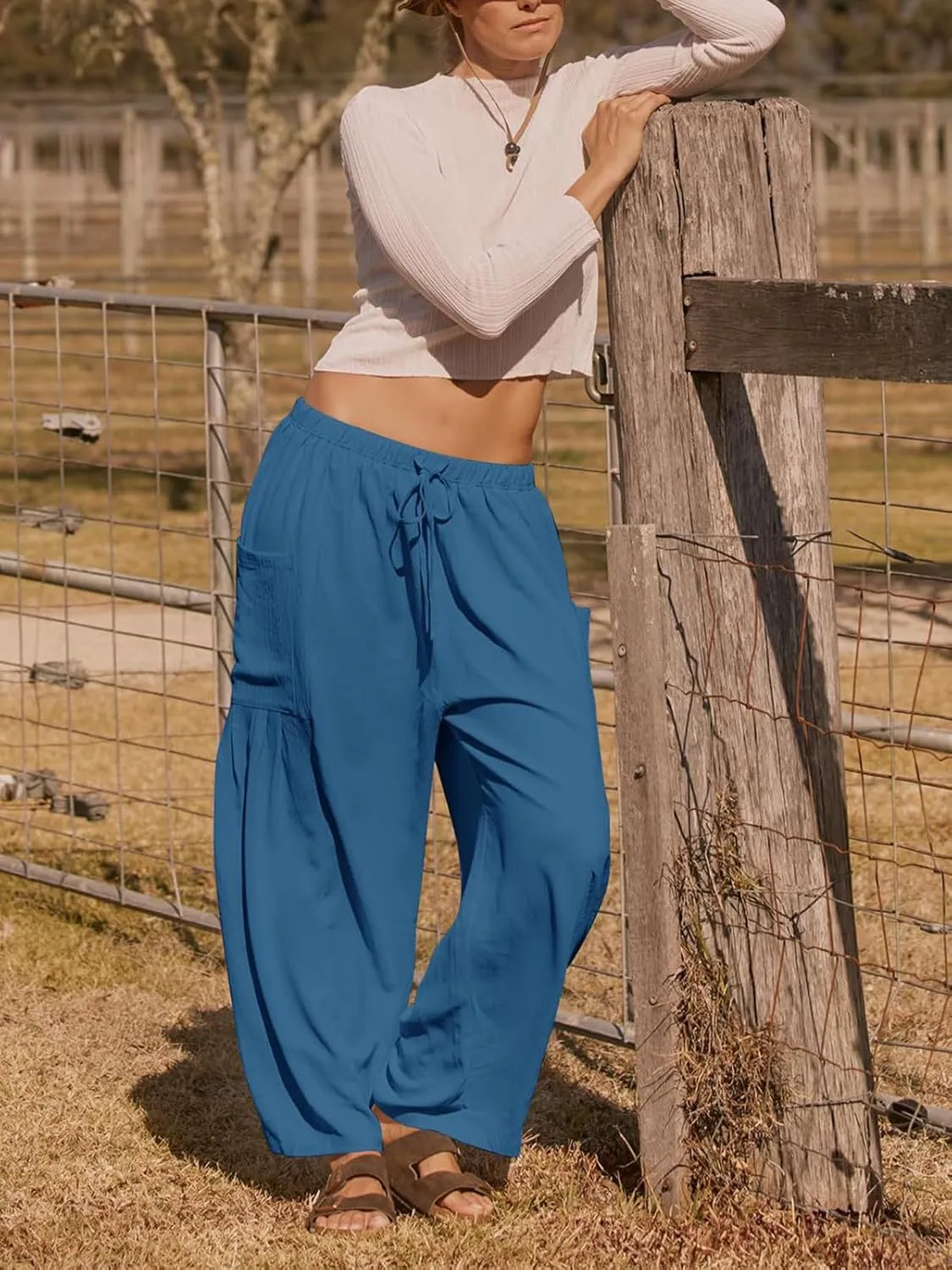 Womens Casual Harem Pants Summer Elastic Waist Wide Leg Trousers Baggy Pockets Crop Leggings