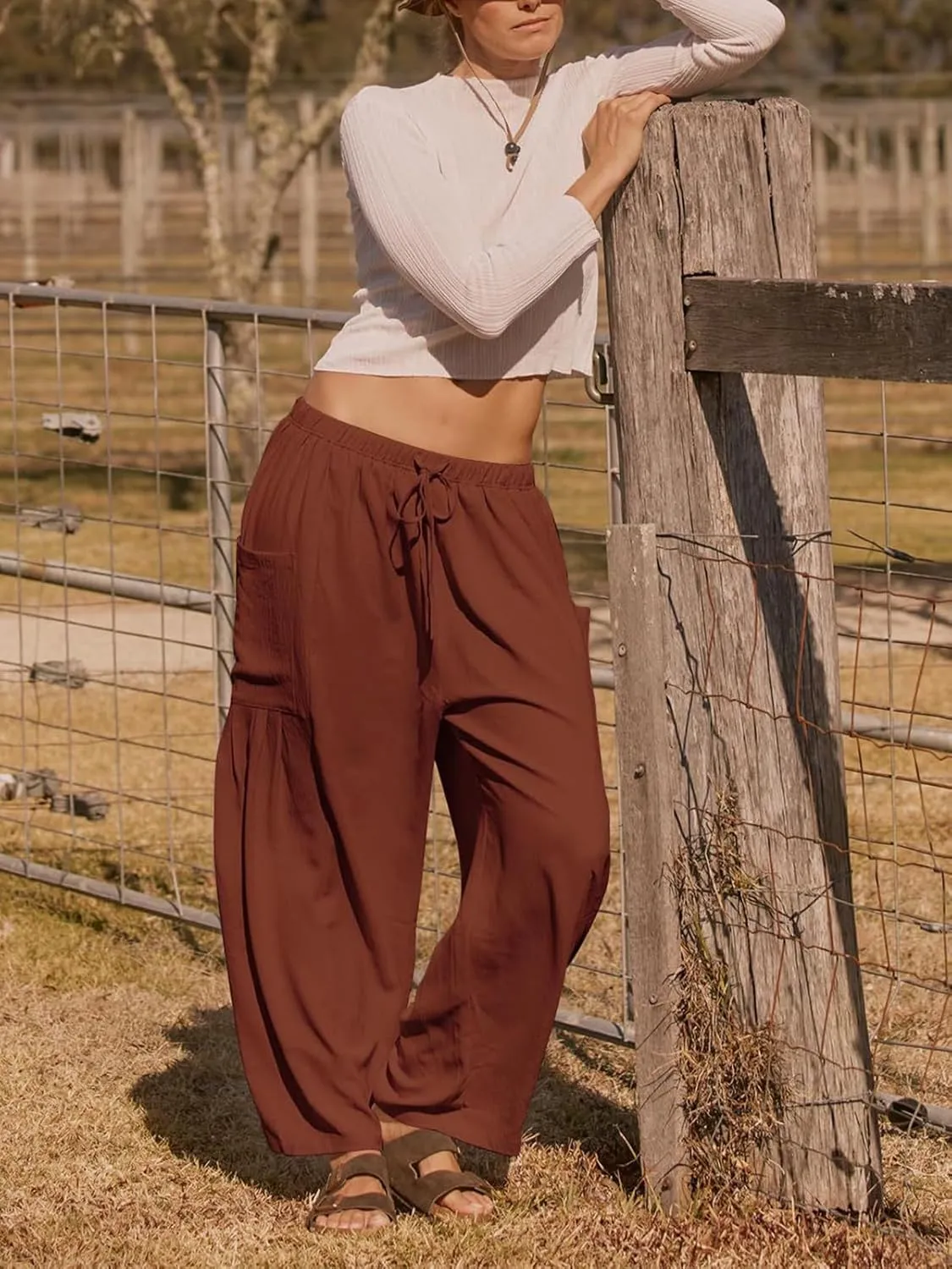 Womens Casual Harem Pants Summer Elastic Waist Wide Leg Trousers Baggy Pockets Crop Leggings