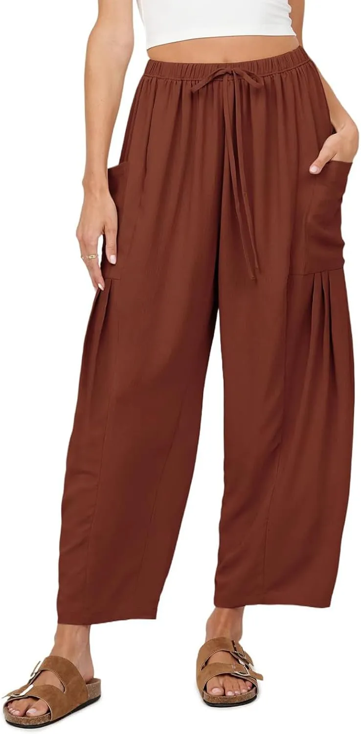 Womens Casual Harem Pants Summer Elastic Waist Wide Leg Trousers Baggy Pockets Crop Leggings