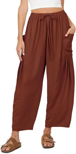 Womens Casual Harem Pants Summer Elastic Waist Wide Leg Trousers Baggy Pockets Crop Leggings