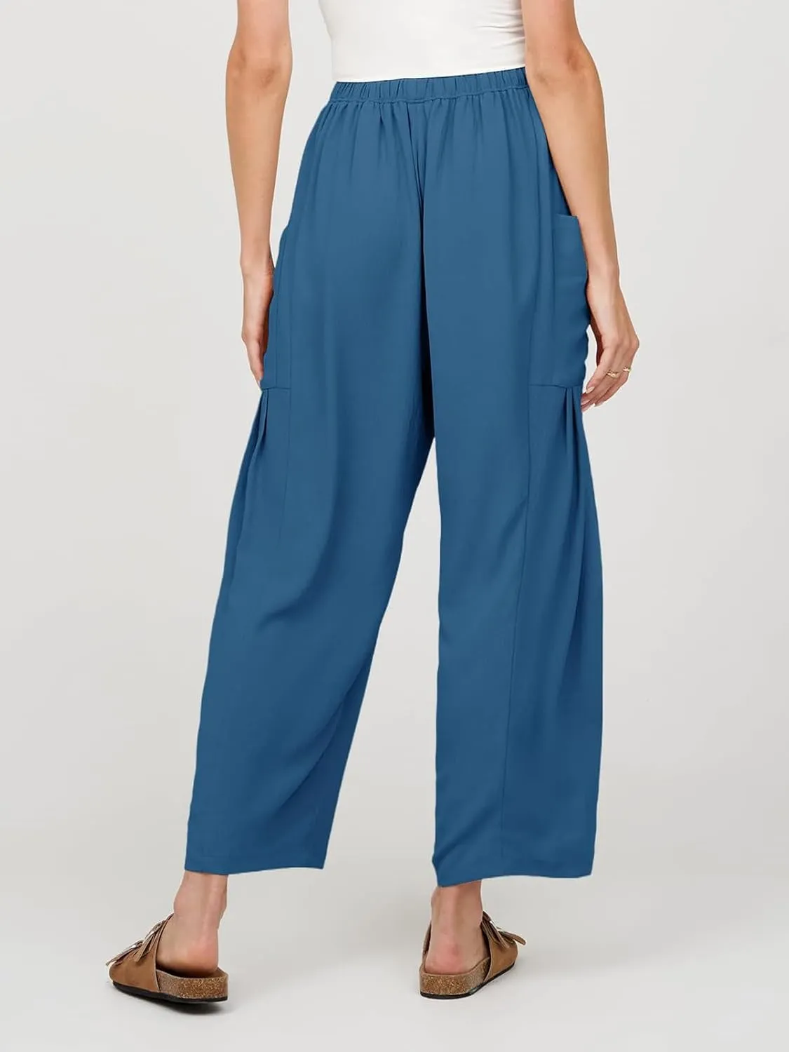 Womens Casual Harem Pants Summer Elastic Waist Wide Leg Trousers Baggy Pockets Crop Leggings