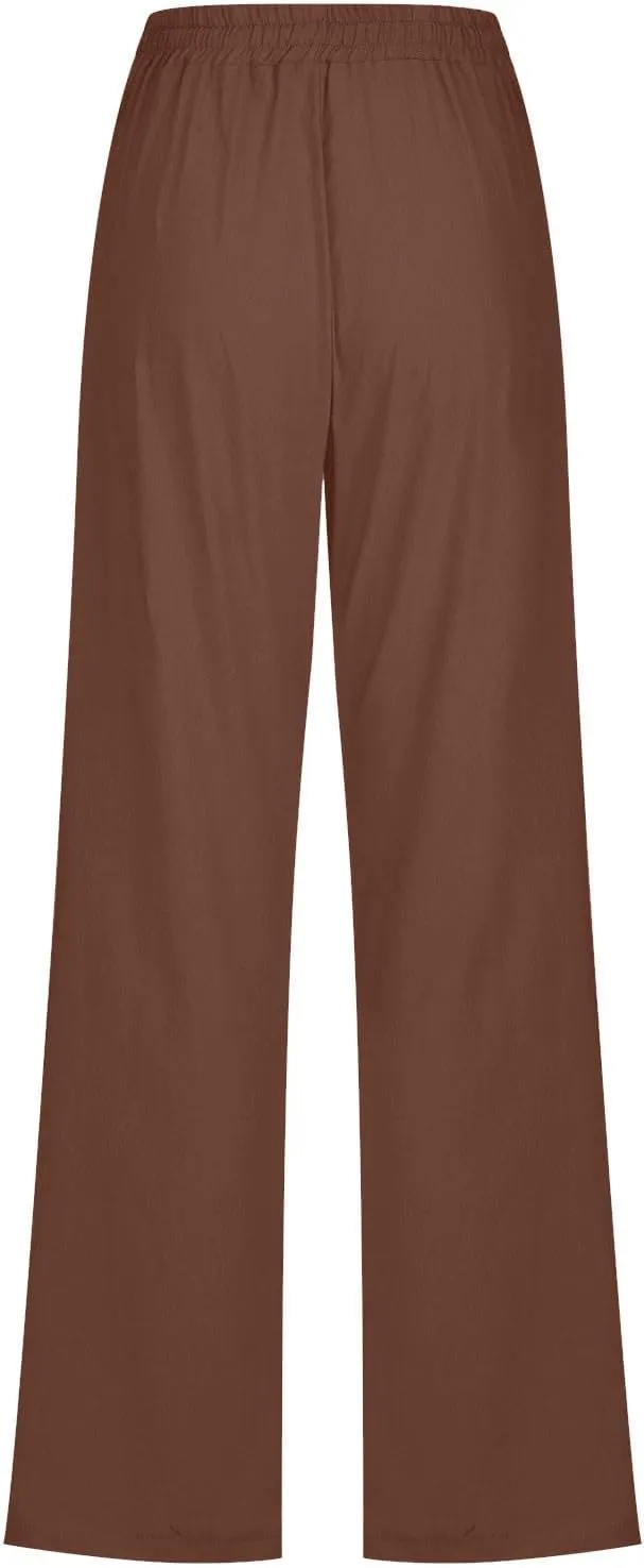 Womens Casual Linen Pants Drawstring Elastic High Waist Trousers Loose Comfy Lounge Pants with Pockets