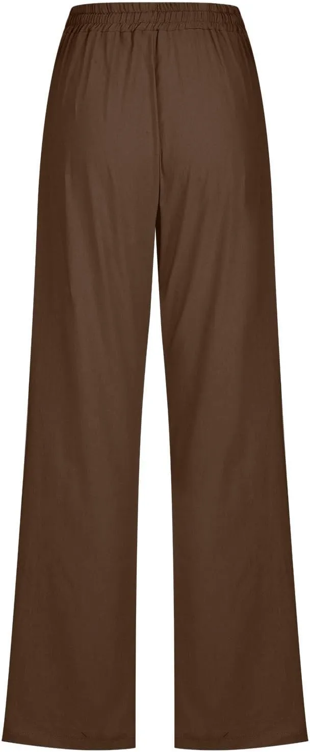 Womens Casual Linen Pants Drawstring Elastic High Waist Trousers Loose Comfy Lounge Pants with Pockets
