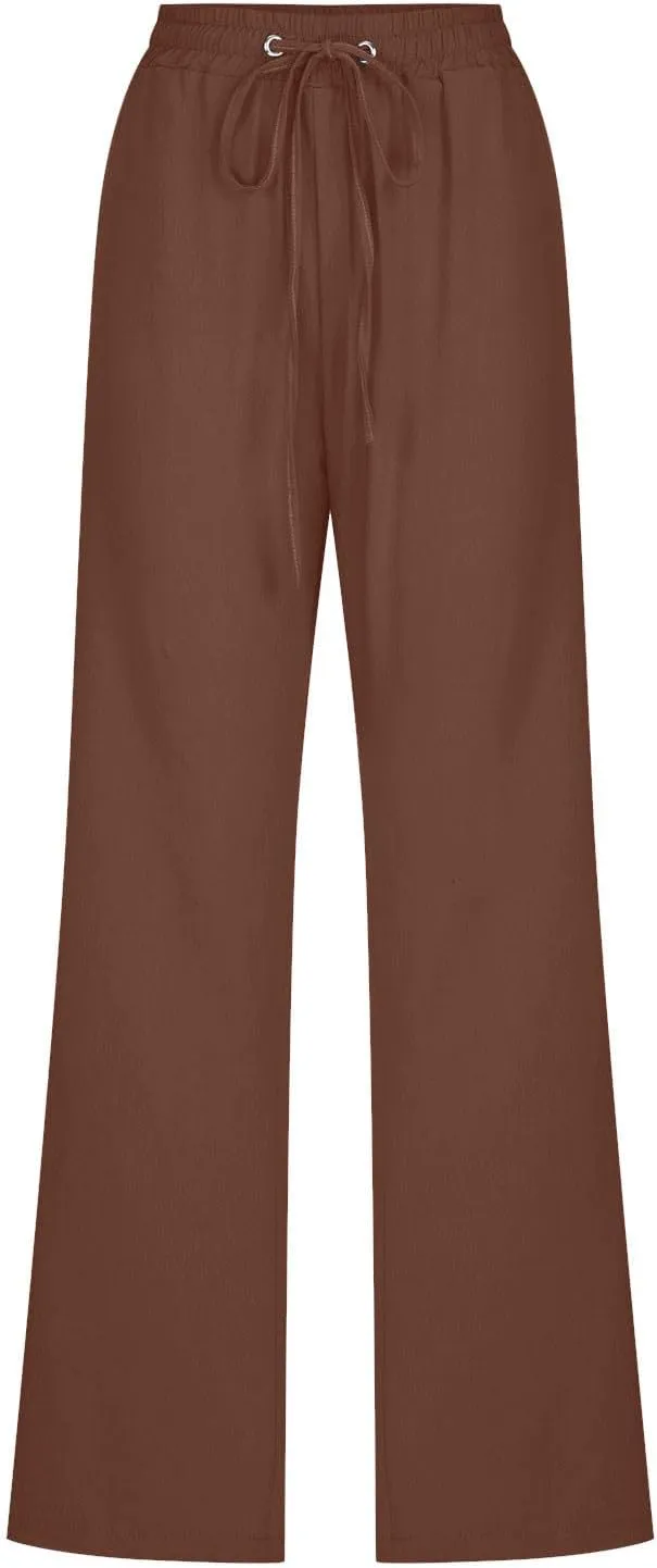 Womens Casual Linen Pants Drawstring Elastic High Waist Trousers Loose Comfy Lounge Pants with Pockets