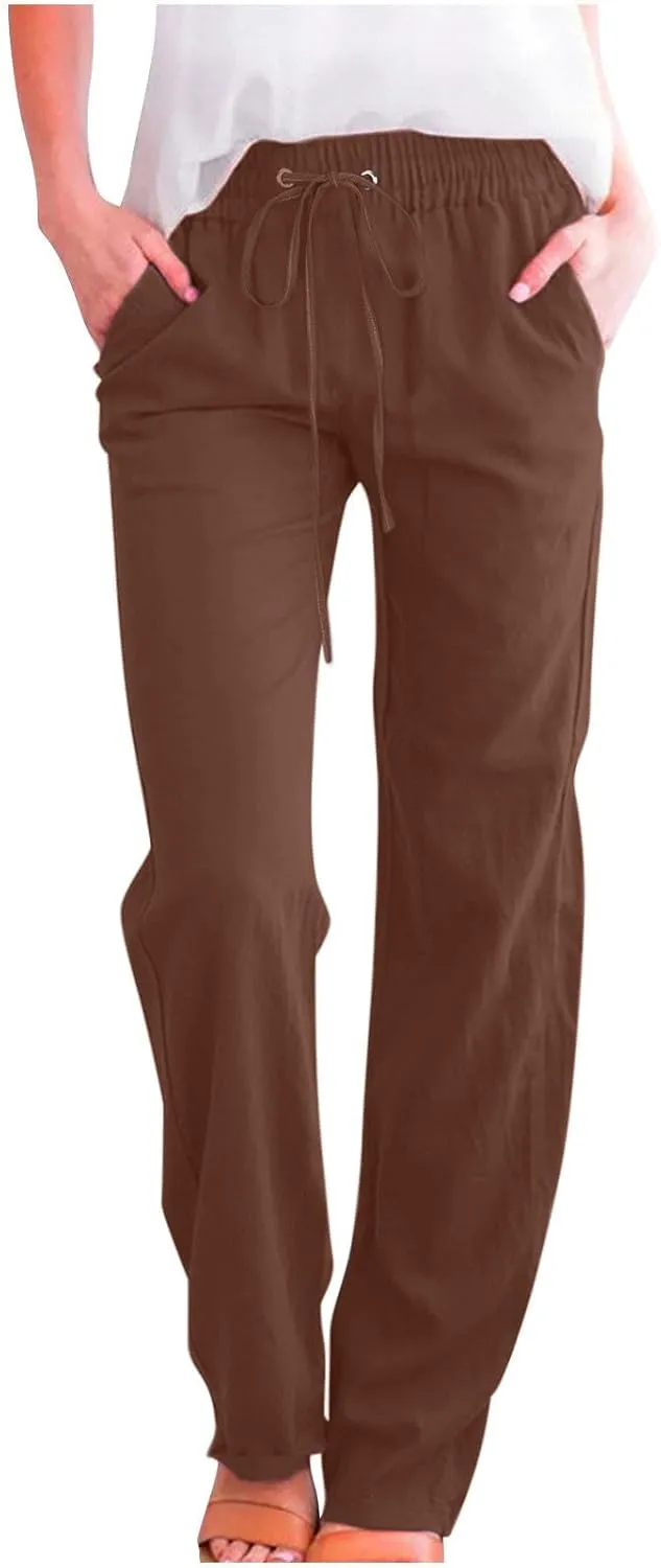 Womens Casual Linen Pants Drawstring Elastic High Waist Trousers Loose Comfy Lounge Pants with Pockets