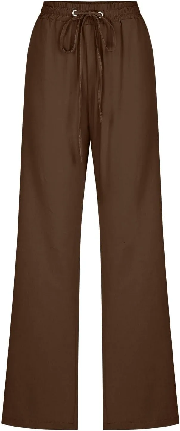 Womens Casual Linen Pants Drawstring Elastic High Waist Trousers Loose Comfy Lounge Pants with Pockets