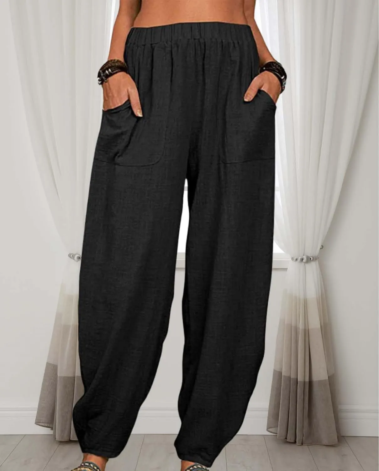Womens Cotton Linen Harem Pants Lightweight Elastic Waist Wide Leg Yoga Pants Casual Loose Fit Trousers with Pockets