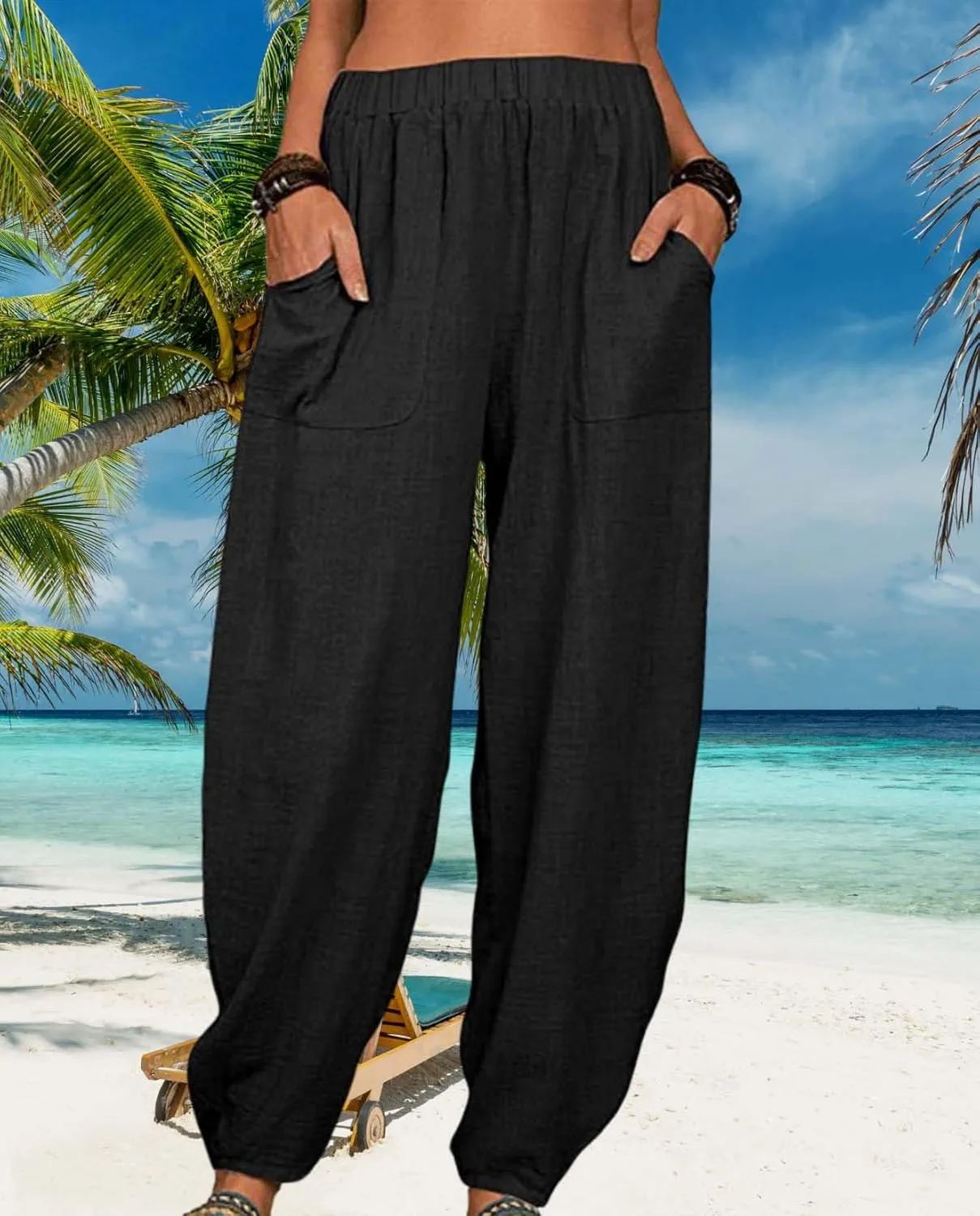 Womens Cotton Linen Harem Pants Lightweight Elastic Waist Wide Leg Yoga Pants Casual Loose Fit Trousers with Pockets
