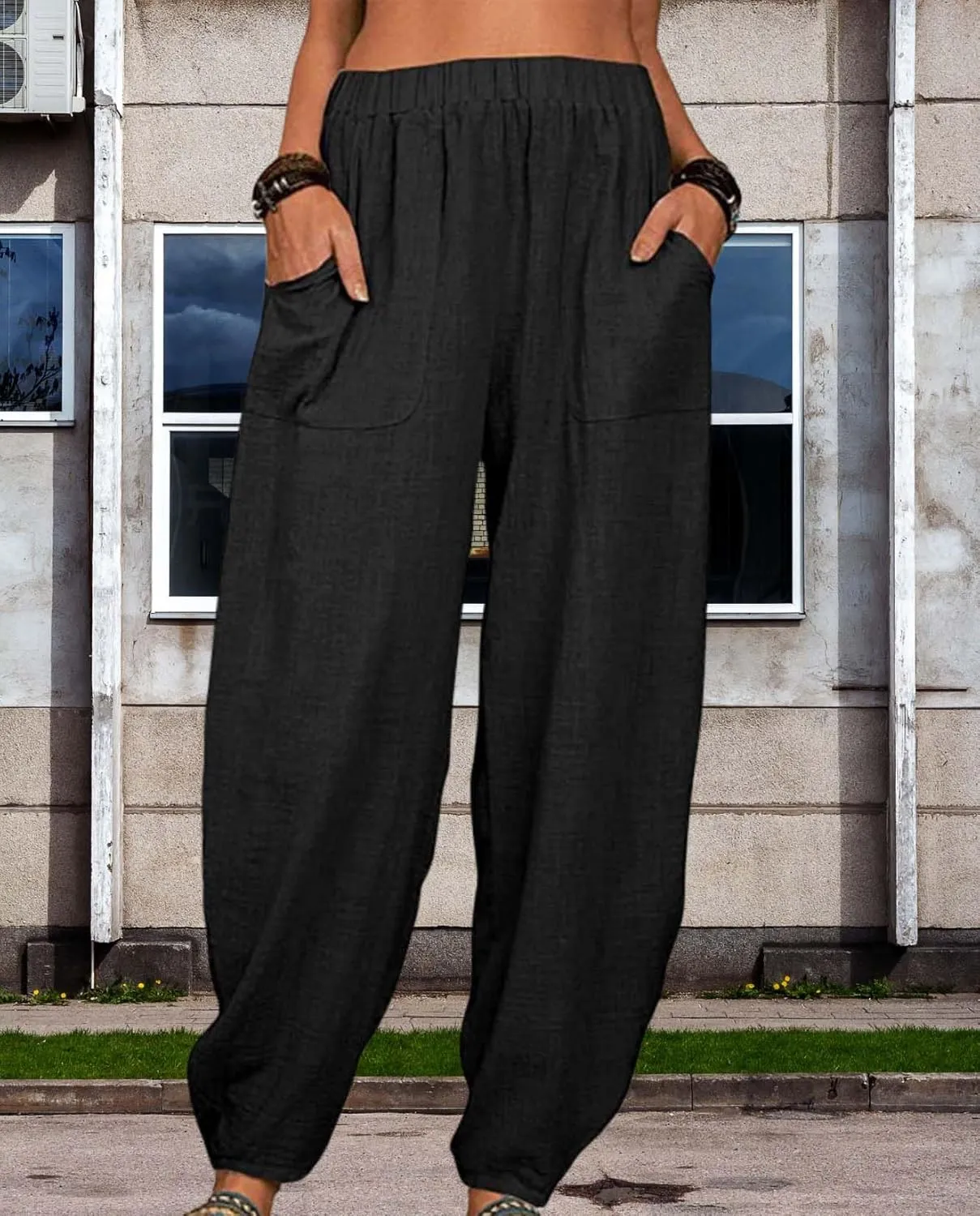 Womens Cotton Linen Harem Pants Lightweight Elastic Waist Wide Leg Yoga Pants Casual Loose Fit Trousers with Pockets