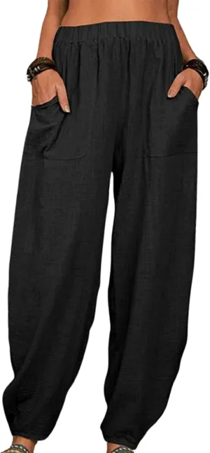 Womens Cotton Linen Harem Pants Lightweight Elastic Waist Wide Leg Yoga Pants Casual Loose Fit Trousers with Pockets
