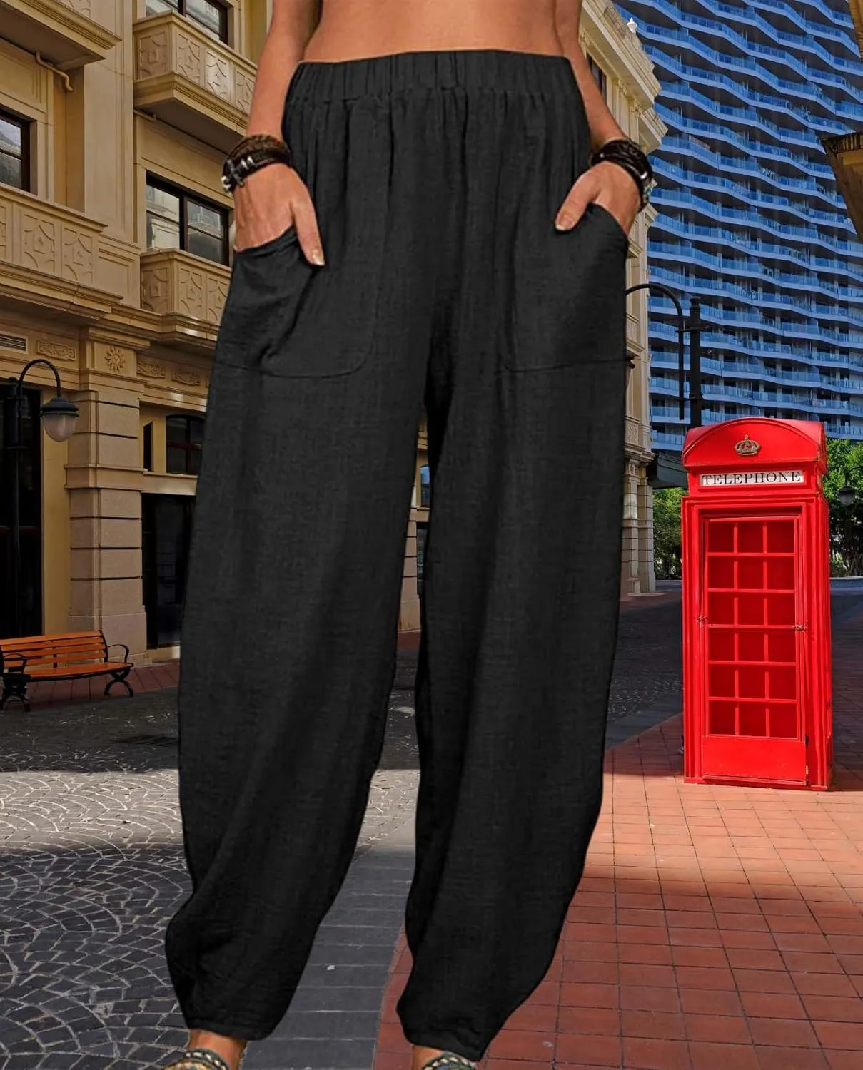 Womens Cotton Linen Harem Pants Lightweight Elastic Waist Wide Leg Yoga Pants Casual Loose Fit Trousers with Pockets