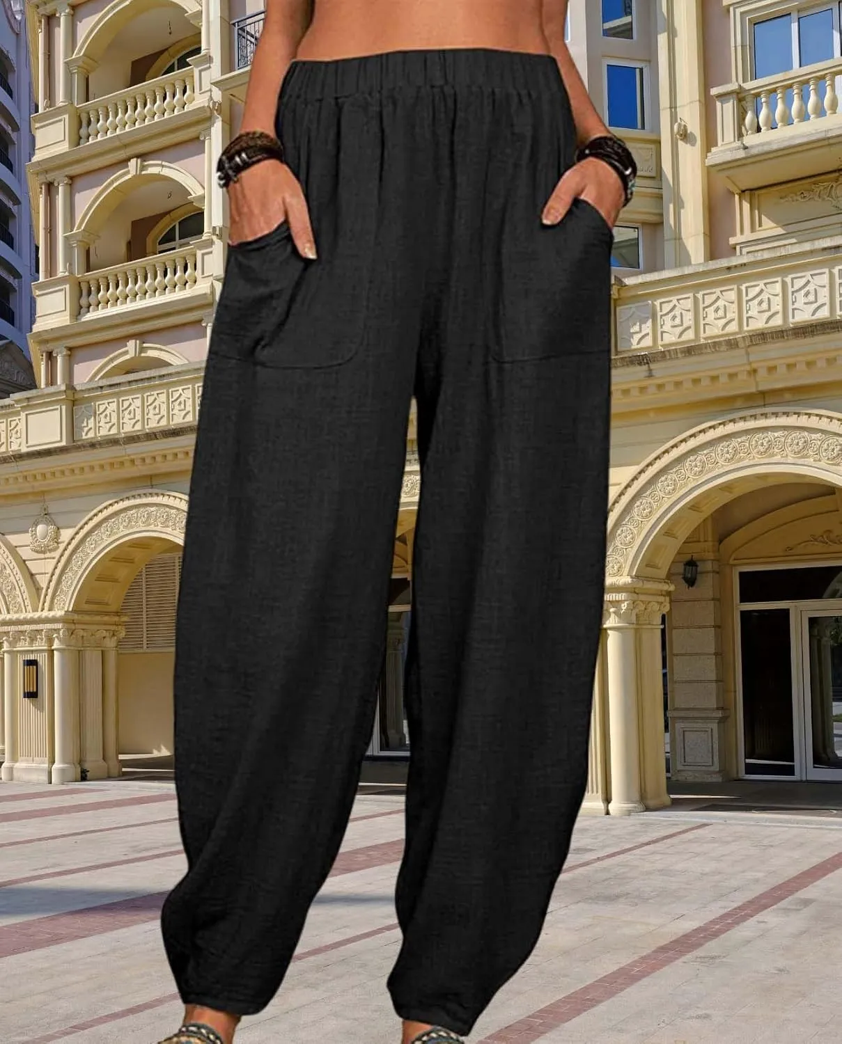 Womens Cotton Linen Harem Pants Lightweight Elastic Waist Wide Leg Yoga Pants Casual Loose Fit Trousers with Pockets