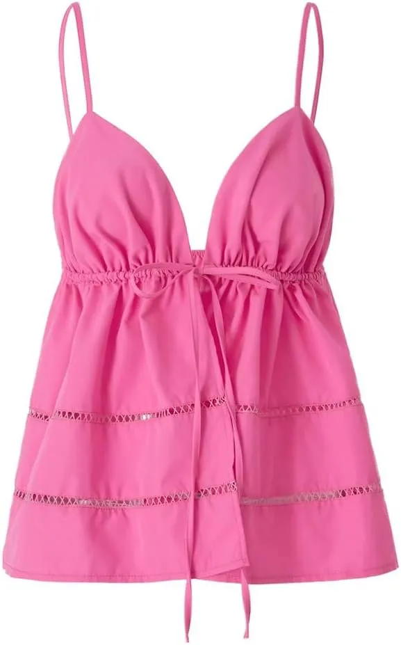 Women's V-Neck Tie Front Hollow Back Camisole Top