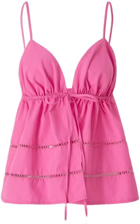Women's V-Neck Tie Front Hollow Back Camisole Top