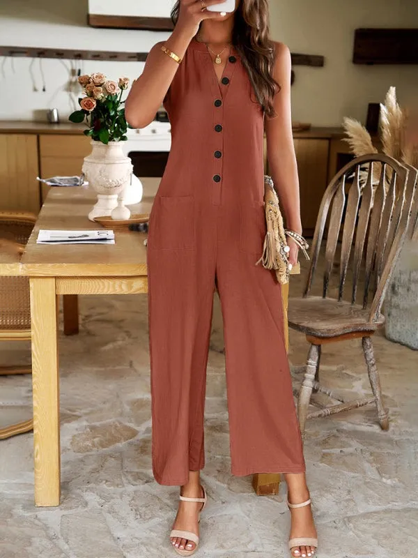 Women's Wide Leg V-Neck Sleeveless Jumpsuit with Pockets in 4 Colors S-XL