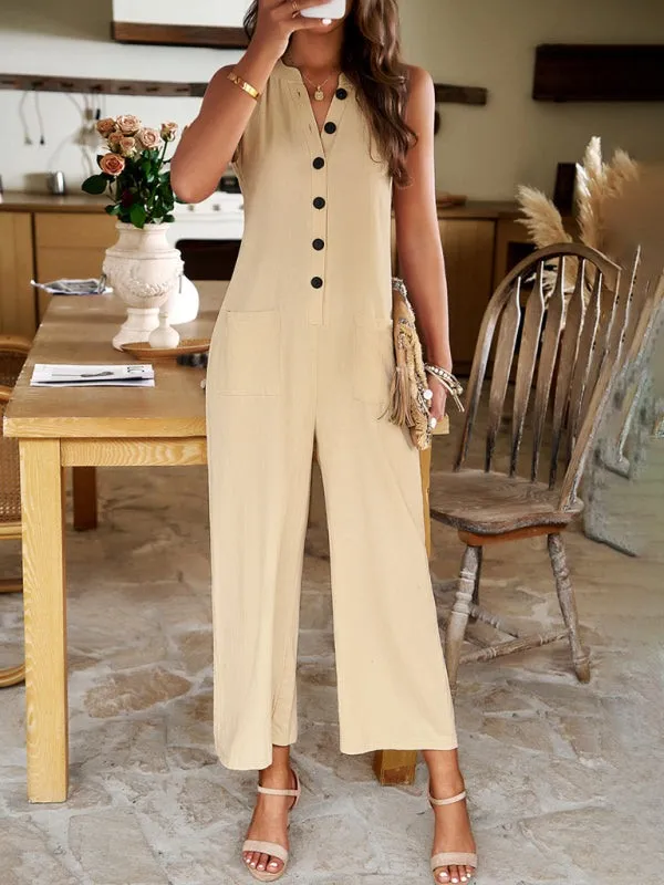 Women's Wide Leg V-Neck Sleeveless Jumpsuit with Pockets in 4 Colors S-XL