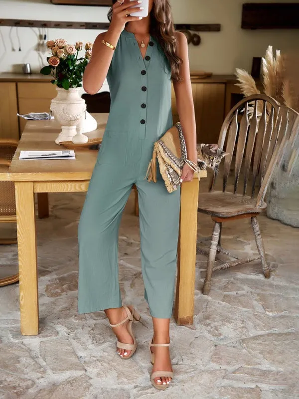 Women's Wide Leg V-Neck Sleeveless Jumpsuit with Pockets in 4 Colors S-XL