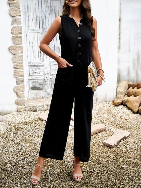 Women's Wide Leg V-Neck Sleeveless Jumpsuit with Pockets in 4 Colors S-XL