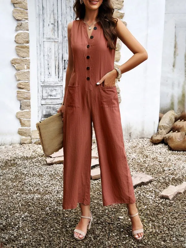 Women's Wide Leg V-Neck Sleeveless Jumpsuit with Pockets in 4 Colors S-XL